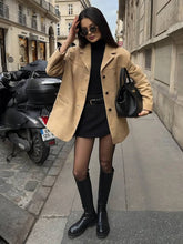 Aurohaya Suede Blazer for Women Buttoned Vintage Lapel Collar Jacket with Pockets